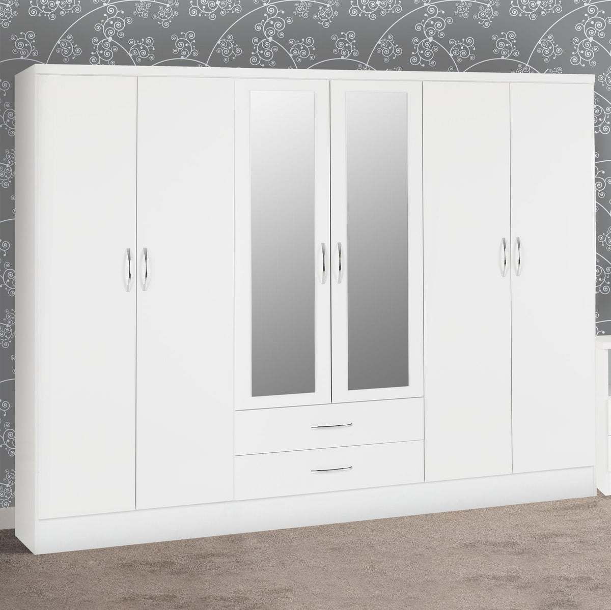Nevada 6 Door 2 Drawer Mirrored Wardrobe - White Gloss