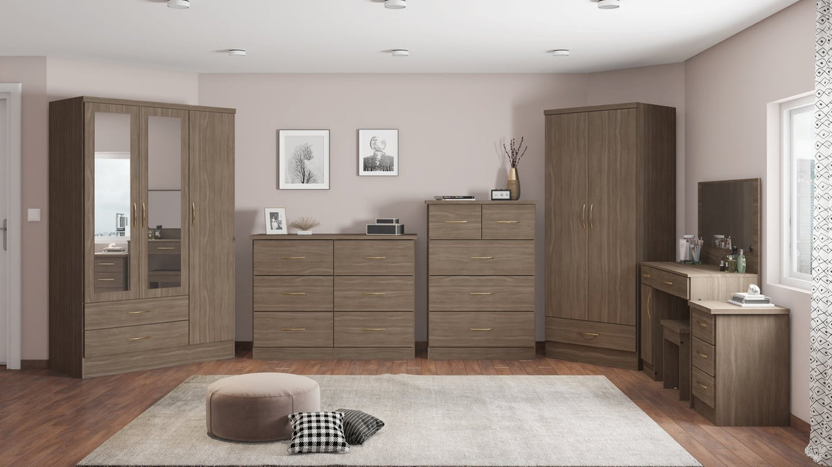 Nevada 3 Door 2 Drawer Mirrored Wardrobe - Rustic Oak Effect