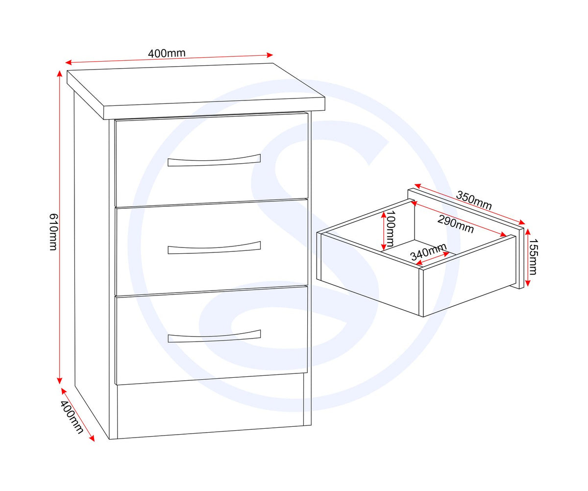 Nevada 3 Drawer Bedside - 3D Effect Grey