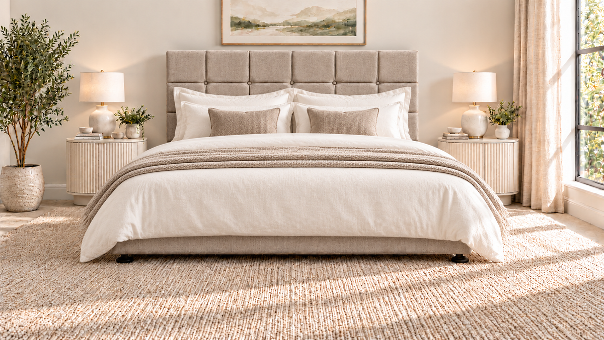 Premium divan base with 137cm floor standing square button headboard