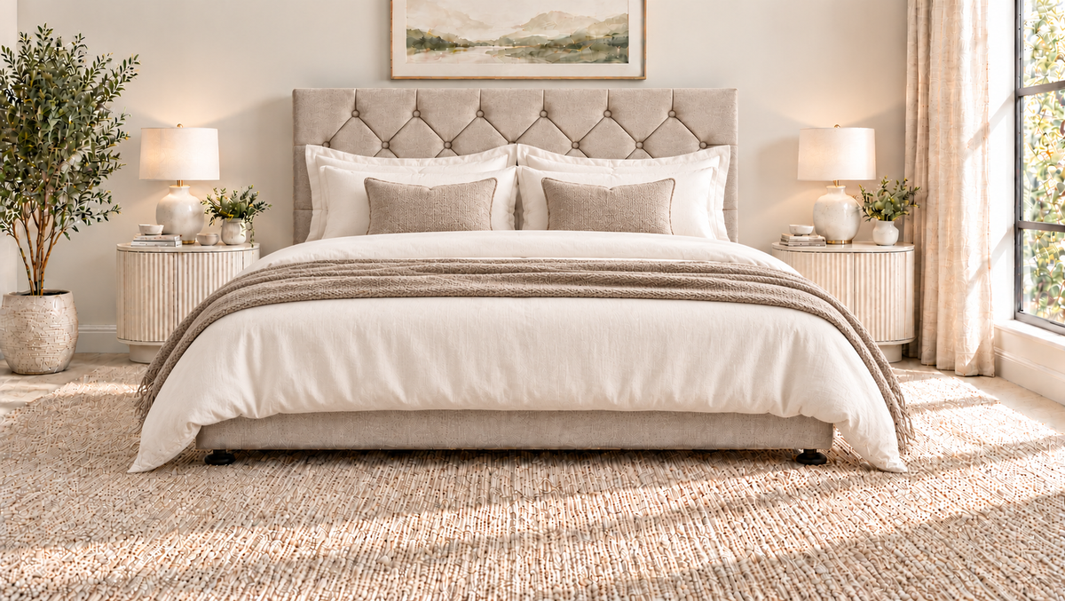 Premium divan base with 137cm floor standing chesterfield headboard