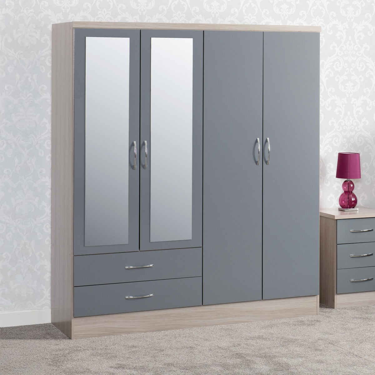 Nevada 4 Door 2 Drawer Mirrored Wardrobe - Grey Gloss/Light Oak Effect Veneer