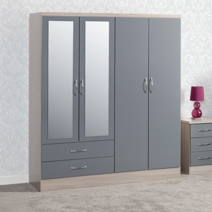 Nevada 4 Door 2 Drawer Mirrored Wardrobe - Grey Gloss/Light Oak Effect Veneer