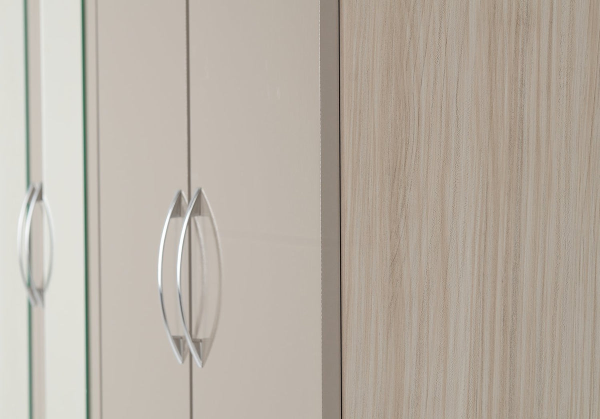 Nevada 4 Door 2 Drawer Mirrored Wardrobe - Oyster Gloss/Light Oak Effect Veneer