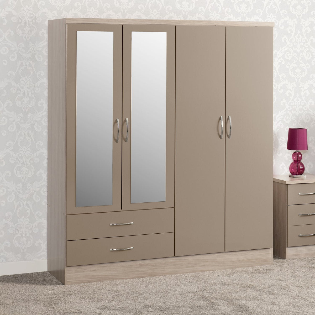 Nevada 4 Door 2 Drawer Mirrored Wardrobe - Oyster Gloss/Light Oak Effect Veneer