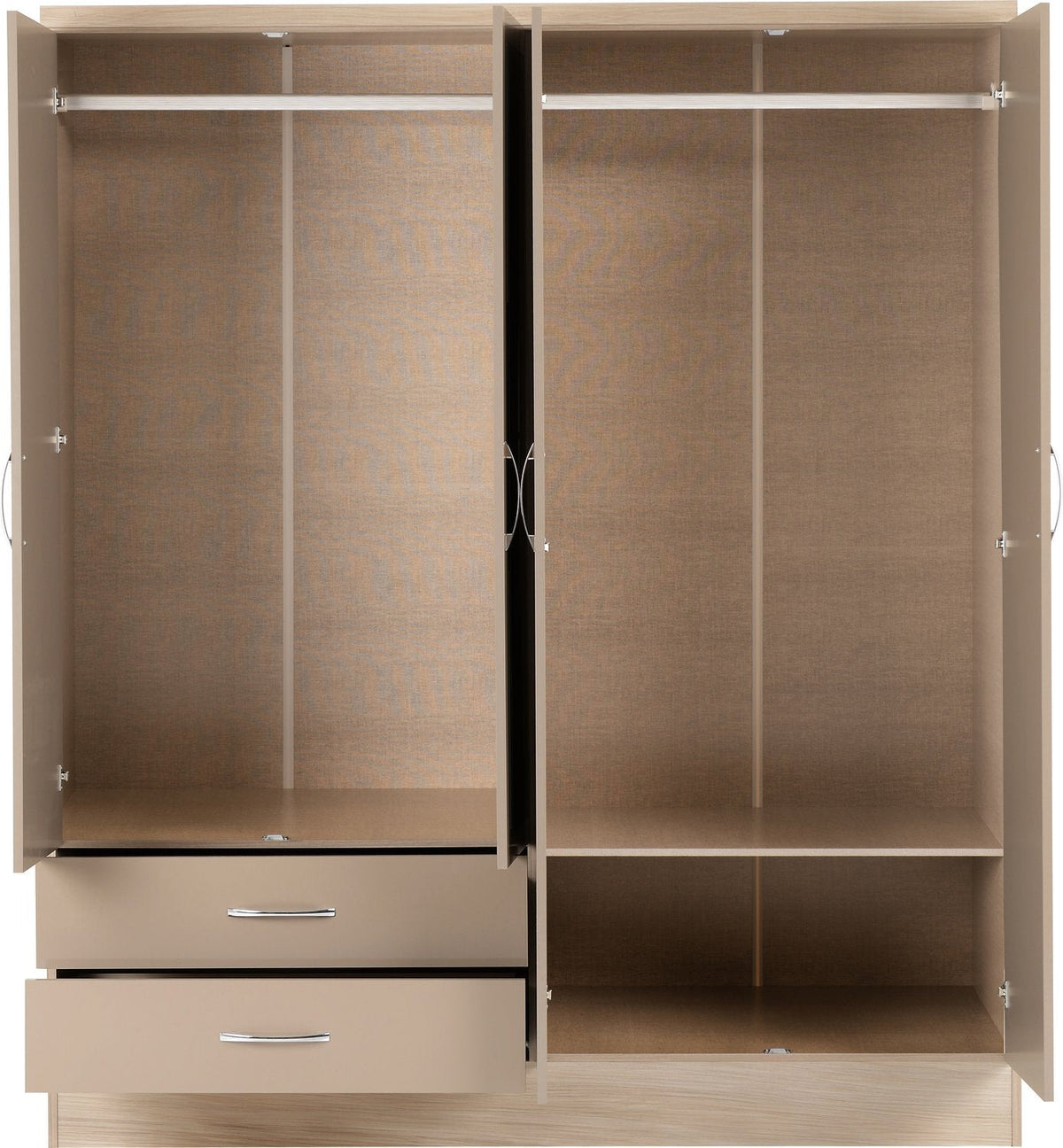 Nevada 4 Door 2 Drawer Mirrored Wardrobe - Oyster Gloss/Light Oak Effect Veneer