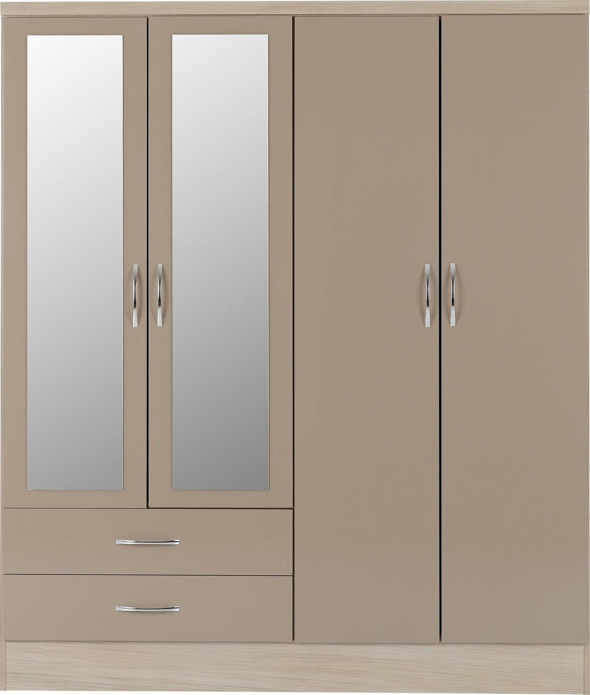 Nevada 4 Door 2 Drawer Mirrored Wardrobe - Oyster Gloss/Light Oak Effect Veneer