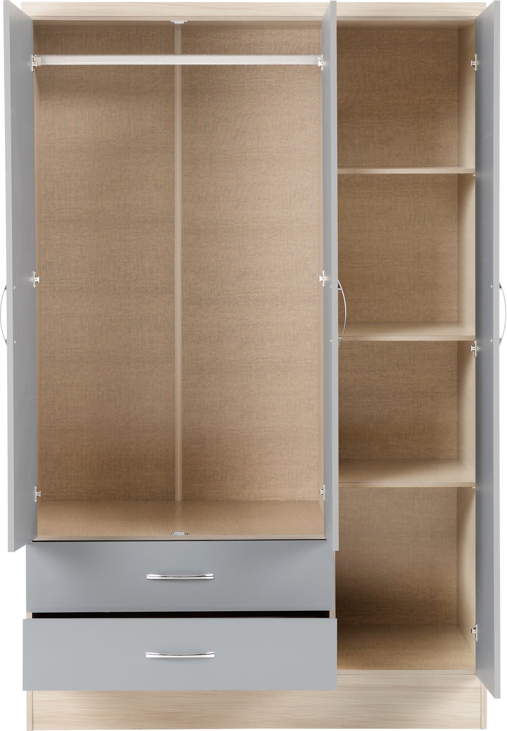 Nevada 3 Door 2 Drawer Mirrored Wardrobe - Grey Gloss/Light Oak Effect Veneer
