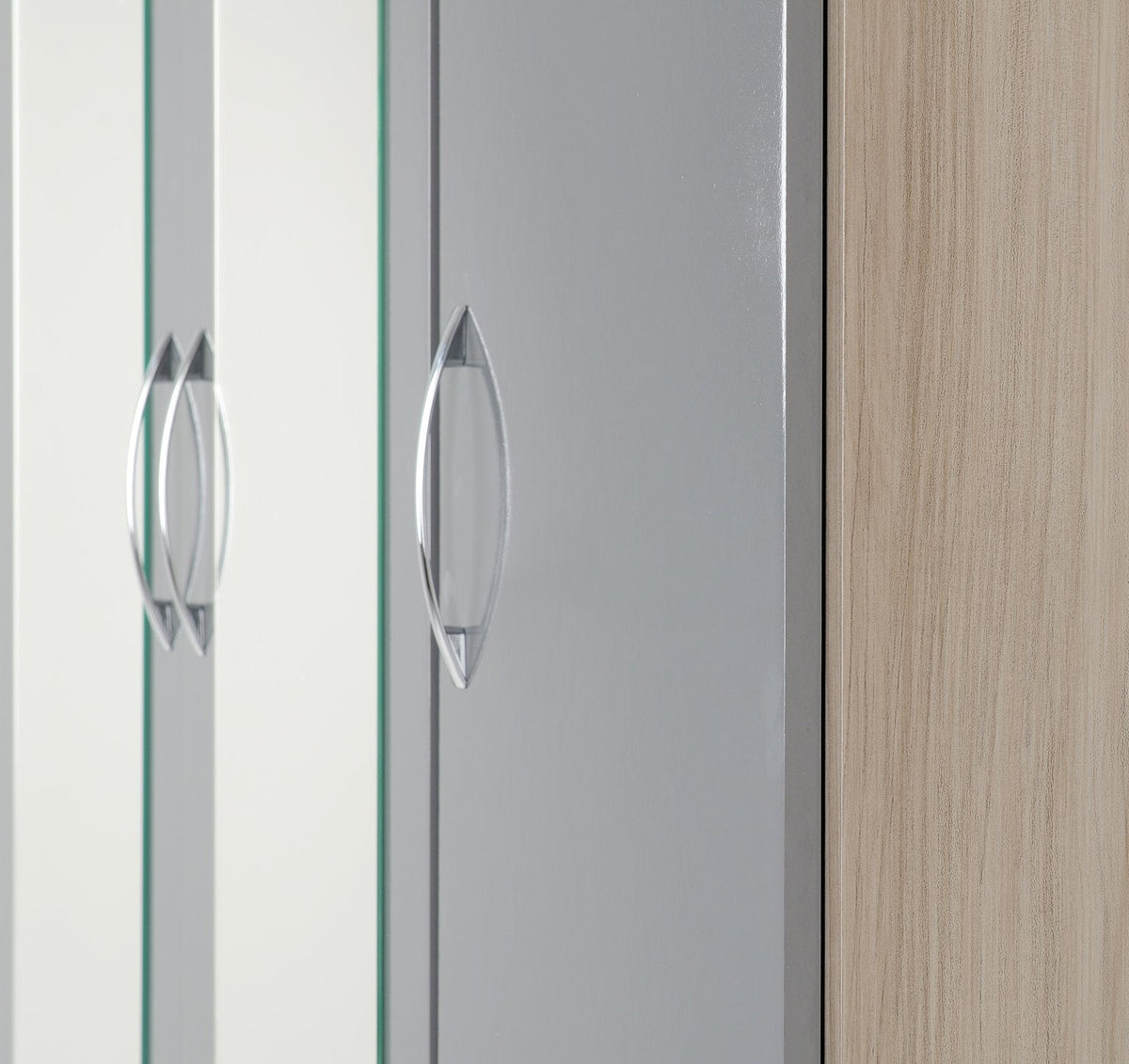 Nevada 3 Door 2 Drawer Mirrored Wardrobe - Grey Gloss/Light Oak Effect Veneer
