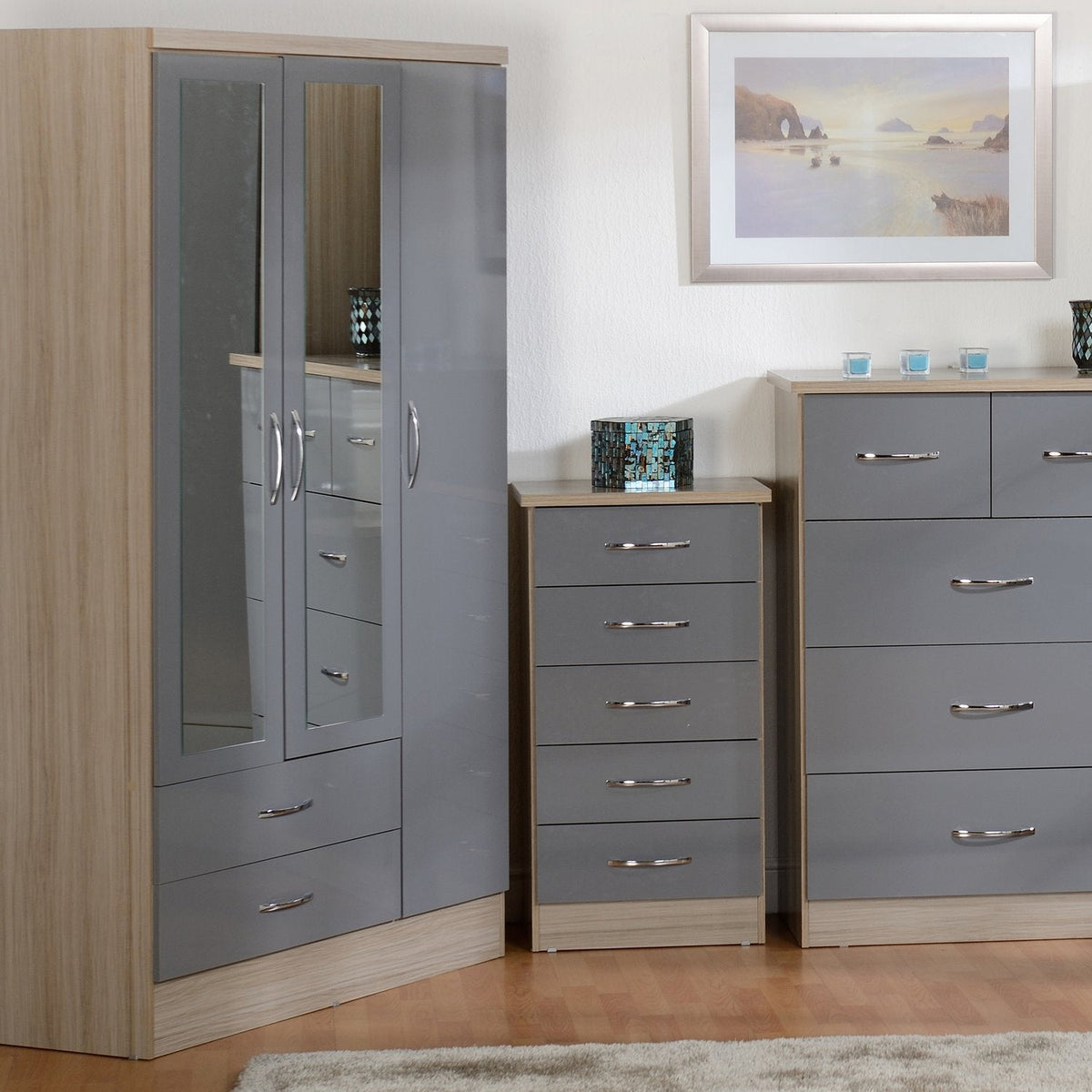 Nevada 3 Door 2 Drawer Mirrored Wardrobe - Grey Gloss/Light Oak Effect Veneer
