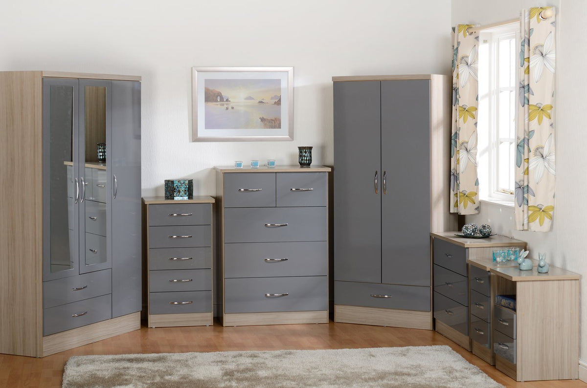 Nevada 3 Door 2 Drawer Mirrored Wardrobe - Grey Gloss/Light Oak Effect Veneer