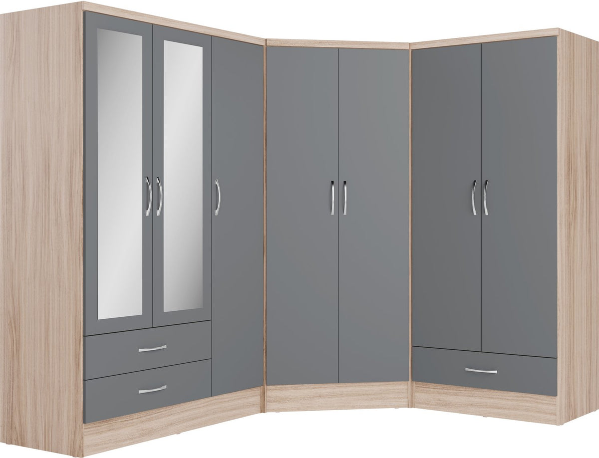 Nevada 3 Door 2 Drawer Mirrored Wardrobe - Grey Gloss/Light Oak Effect Veneer
