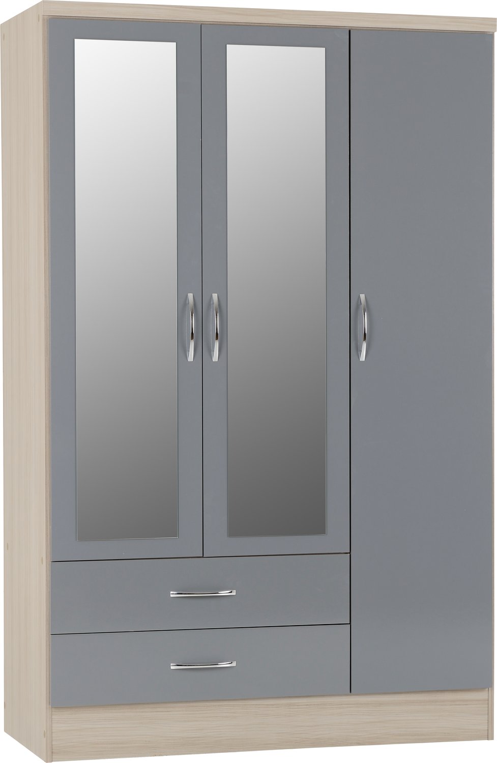 Nevada 3 Door 2 Drawer Mirrored Wardrobe - Grey Gloss/Light Oak Effect Veneer
