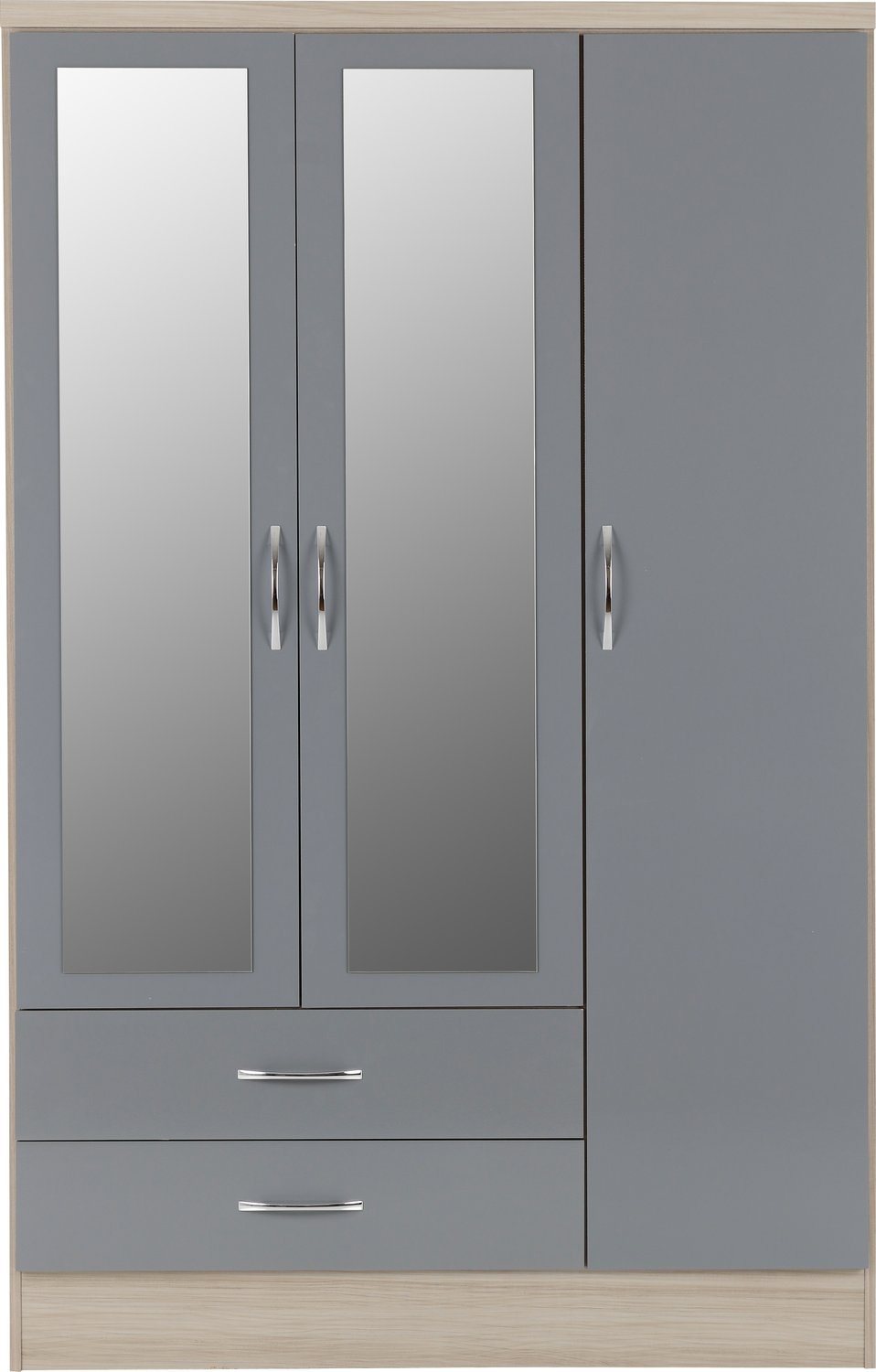Nevada 3 Door 2 Drawer Mirrored Wardrobe - Grey Gloss/Light Oak Effect Veneer