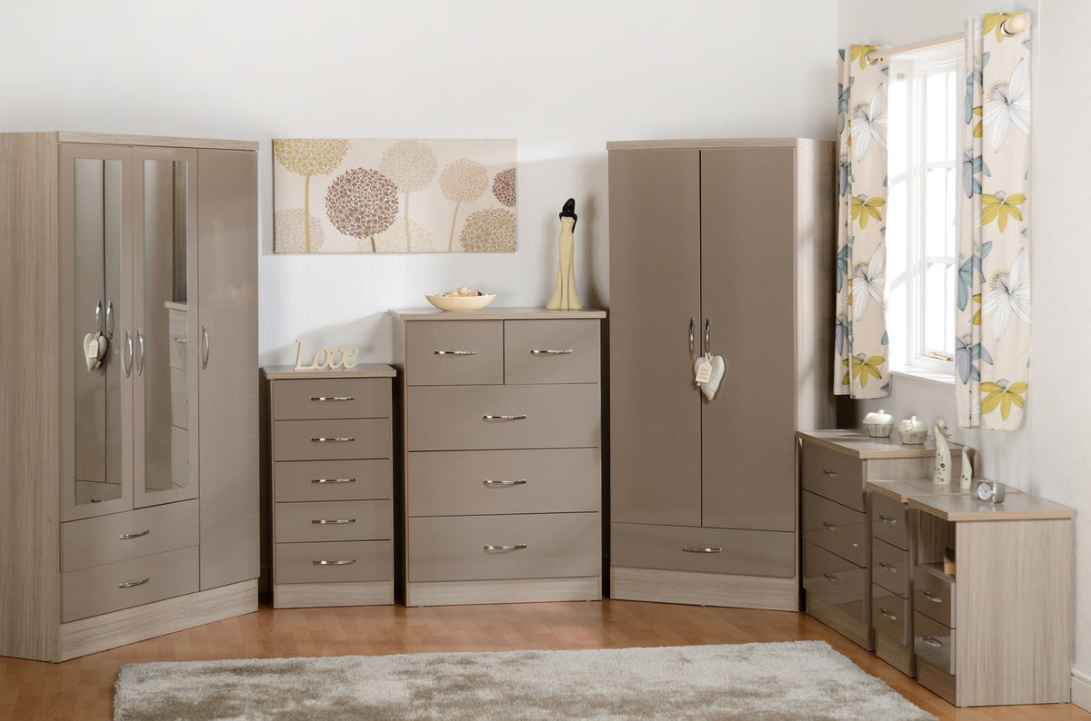Nevada 3 Door 2 Drawer Mirrored Wardrobe - Oyster Gloss/Light Oak Effect Veneer