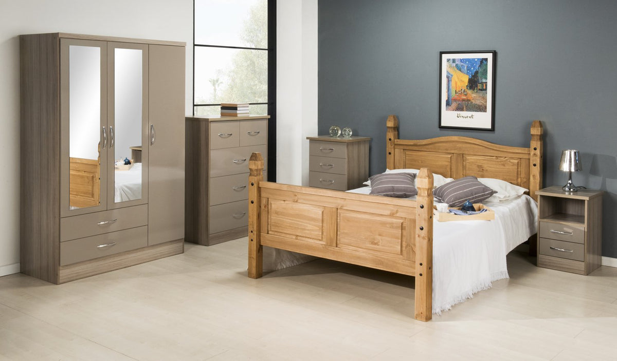 Nevada 3 Door 2 Drawer Mirrored Wardrobe - Oyster Gloss/Light Oak Effect Veneer