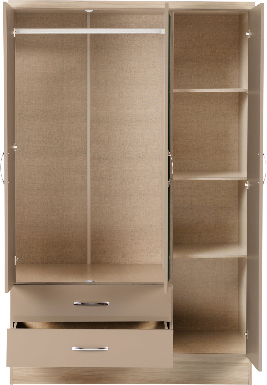 Nevada 3 Door 2 Drawer Mirrored Wardrobe - Oyster Gloss/Light Oak Effect Veneer