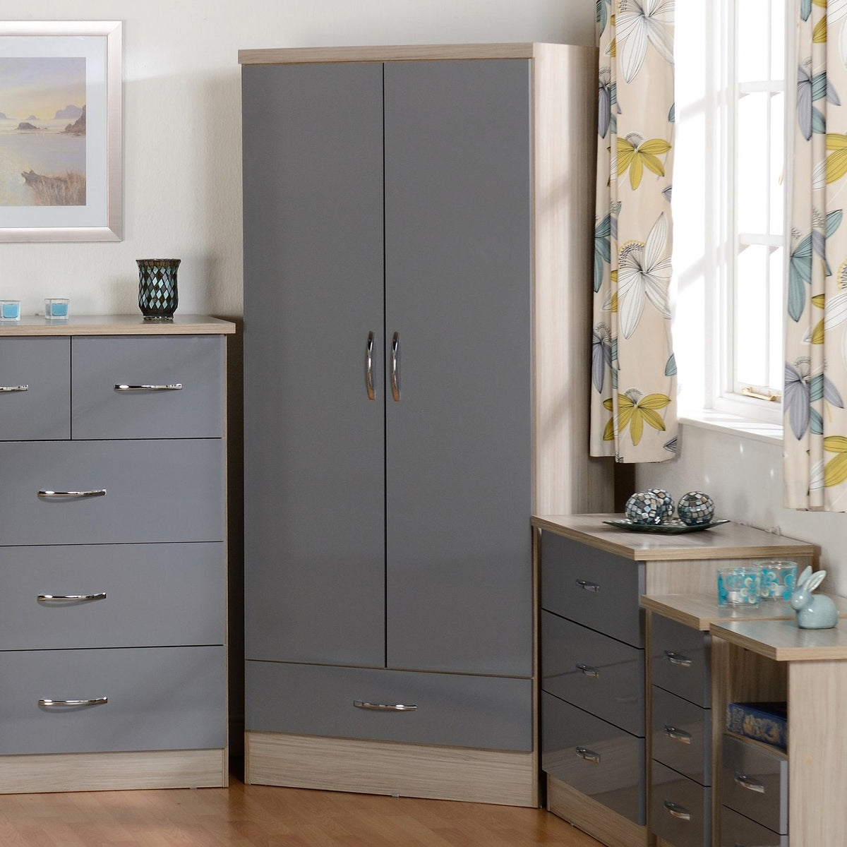 Nevada 2 Door 1 Drawer Wardrobe - Grey Gloss/Light Oak Effect Veneer