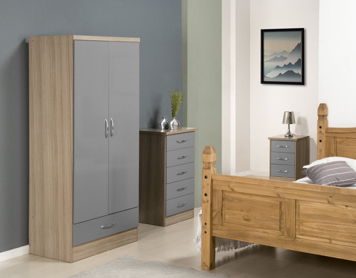Nevada 2 Door 1 Drawer Wardrobe - Grey Gloss/Light Oak Effect Veneer