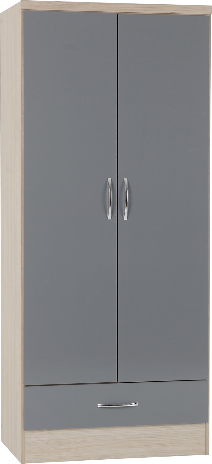 Nevada 2 Door 1 Drawer Wardrobe - Grey Gloss/Light Oak Effect Veneer