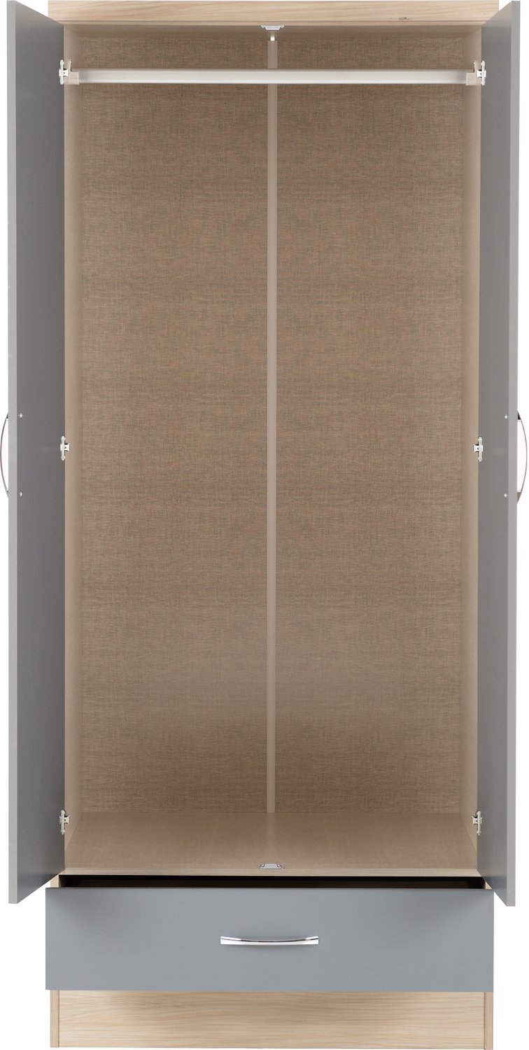 Nevada 2 Door 1 Drawer Wardrobe - Grey Gloss/Light Oak Effect Veneer