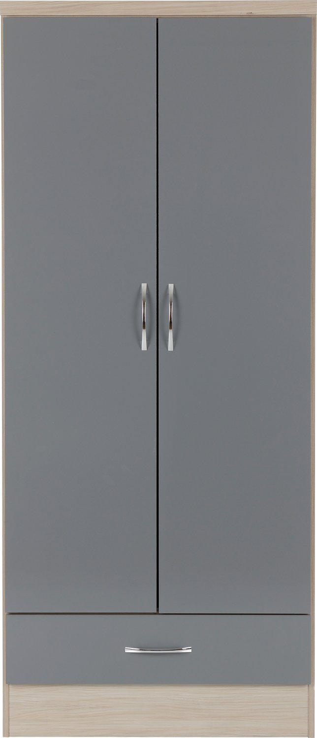 Nevada 2 Door 1 Drawer Wardrobe - Grey Gloss/Light Oak Effect Veneer