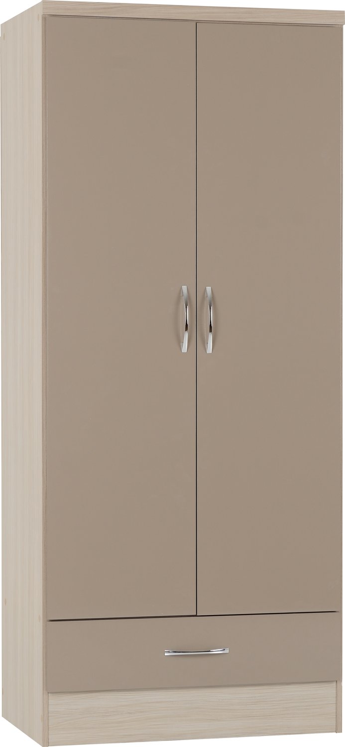 Nevada 2 Door 1 Drawer Wardrobe - Oyster Gloss/Light Oak Effect Veneer