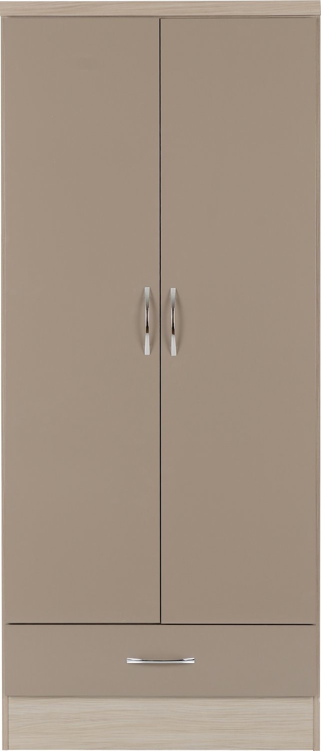 Nevada 2 Door 1 Drawer Wardrobe - Oyster Gloss/Light Oak Effect Veneer