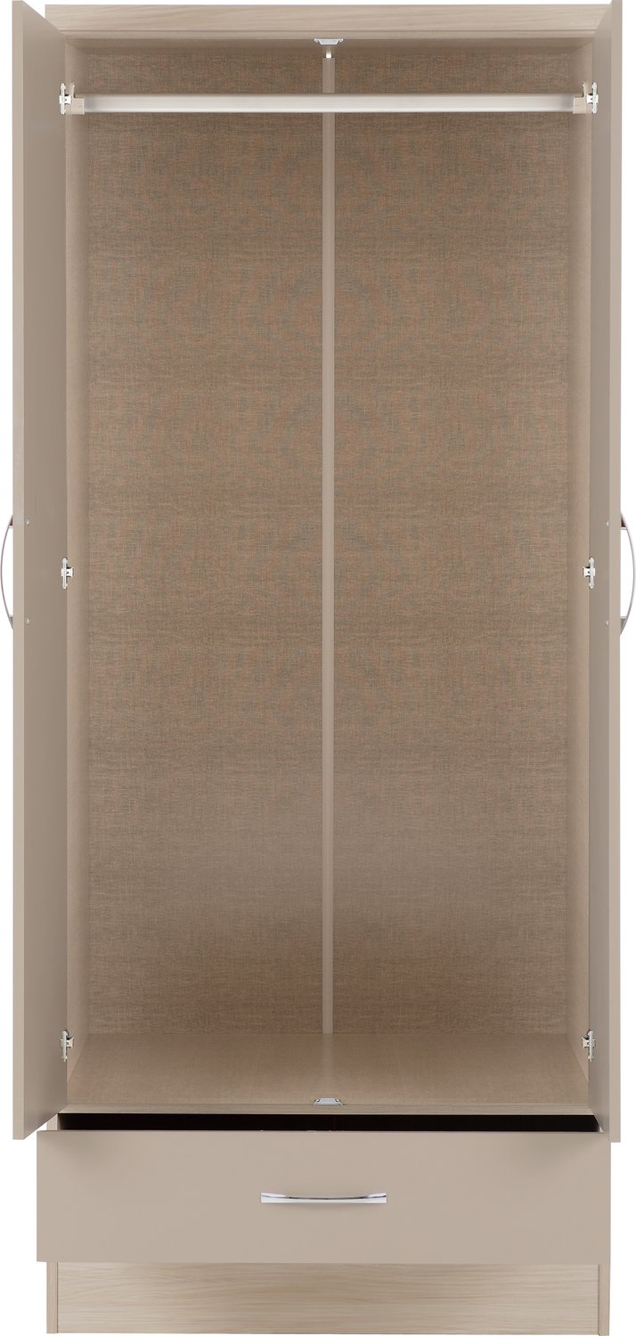 Nevada 2 Door 1 Drawer Wardrobe - Oyster Gloss/Light Oak Effect Veneer
