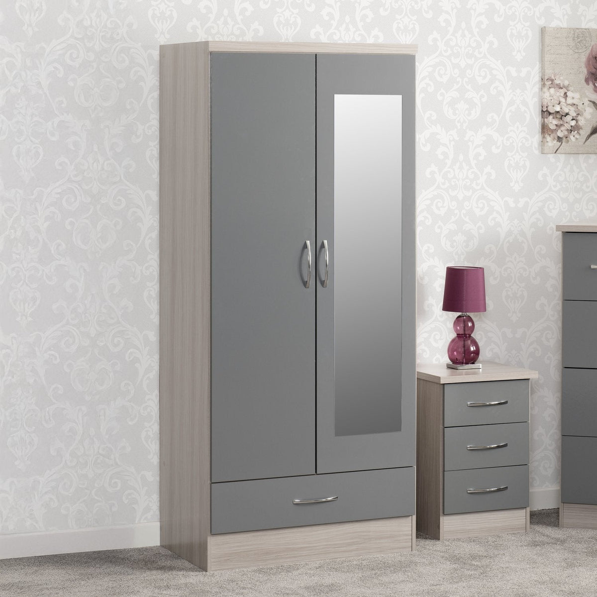 Nevada Mirrored 2 Door 1 Drawer Wardrobe - Grey Gloss/Light Oak Effect Veneer