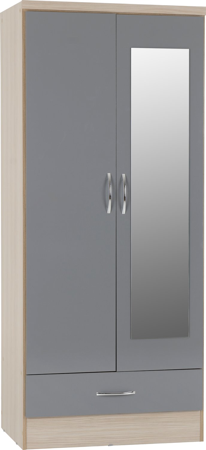 Nevada Mirrored 2 Door 1 Drawer Wardrobe - Grey Gloss/Light Oak Effect Veneer