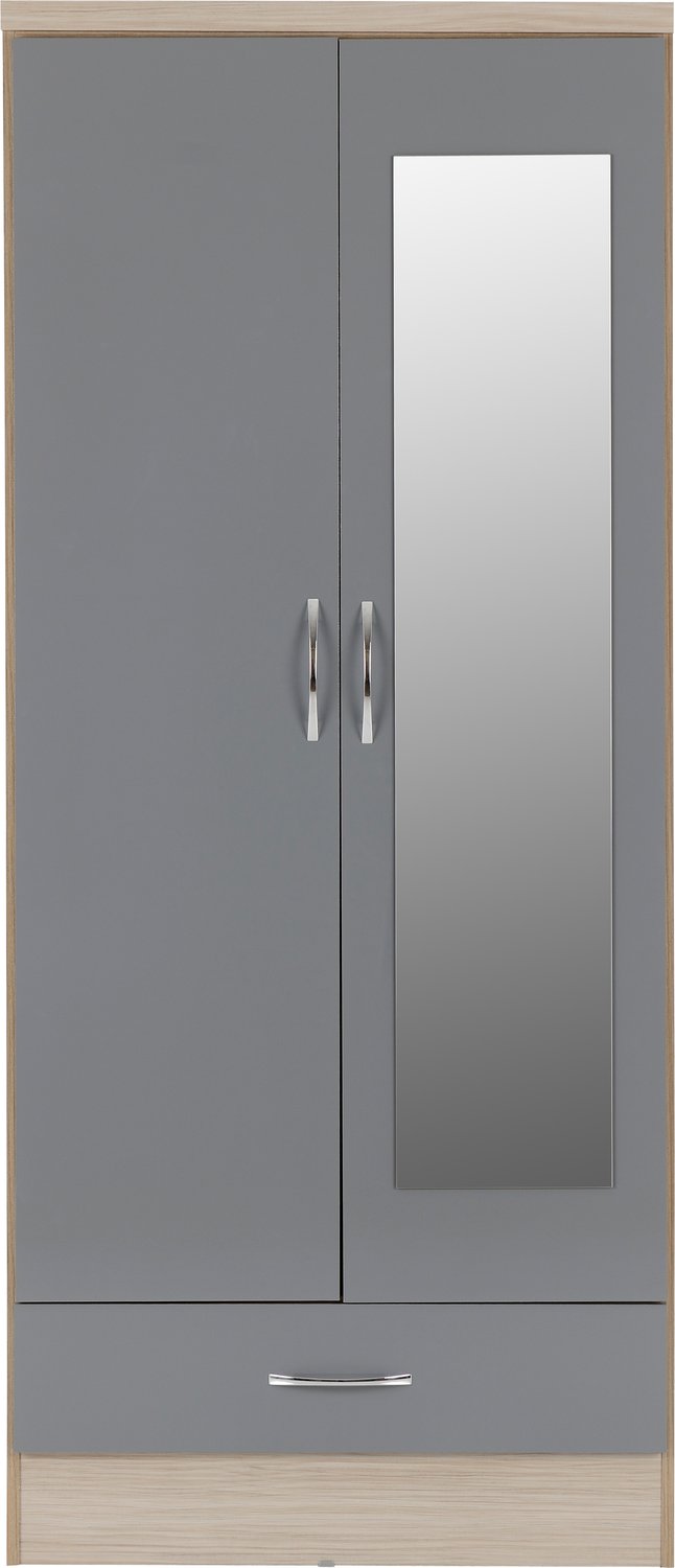 Nevada Mirrored 2 Door 1 Drawer Wardrobe - Grey Gloss/Light Oak Effect Veneer