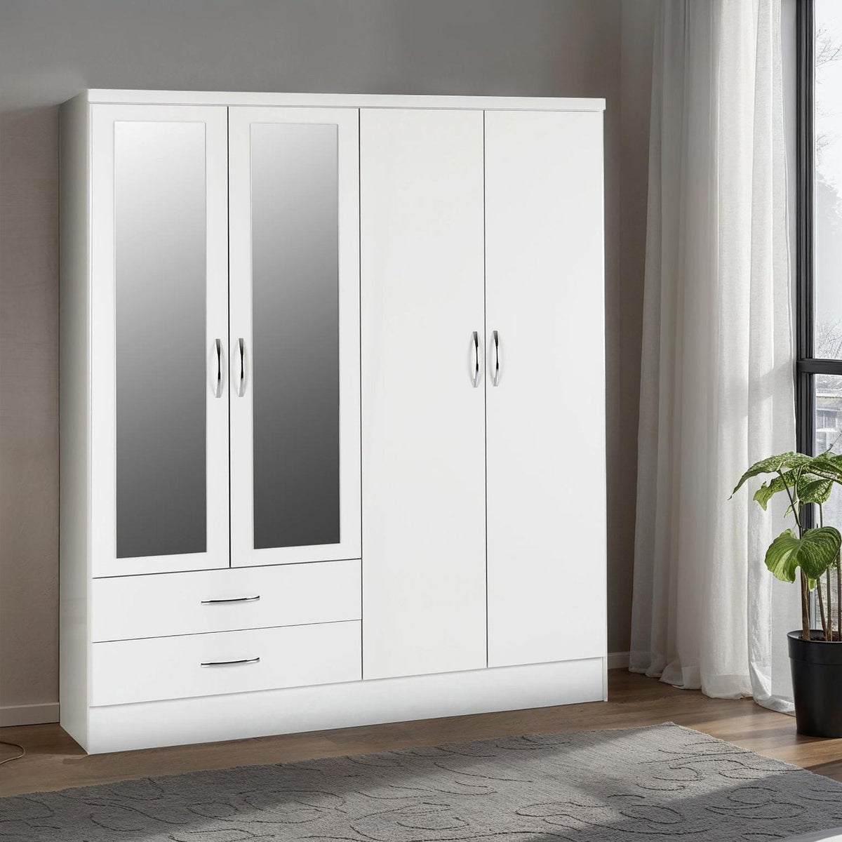 Nevada 4 Door 2 Drawer Mirrored Wardrobe - White Gloss