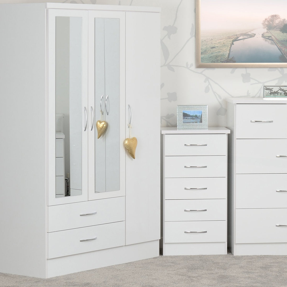 Nevada 3 Door 2 Drawer Mirrored Wardrobe - White Gloss