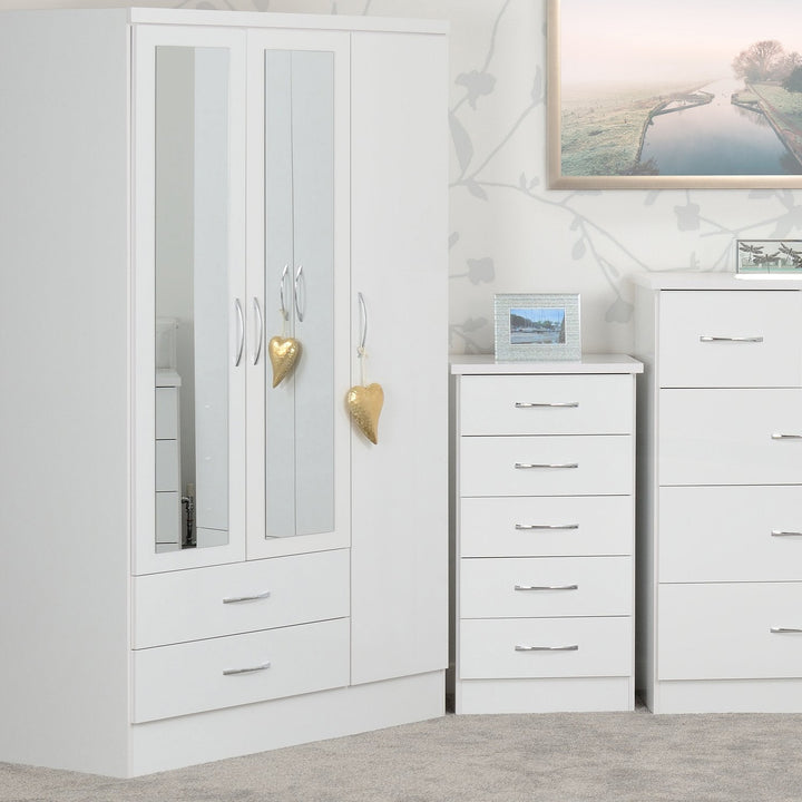 Nevada 3 Door 2 Drawer Mirrored Wardrobe - White Gloss