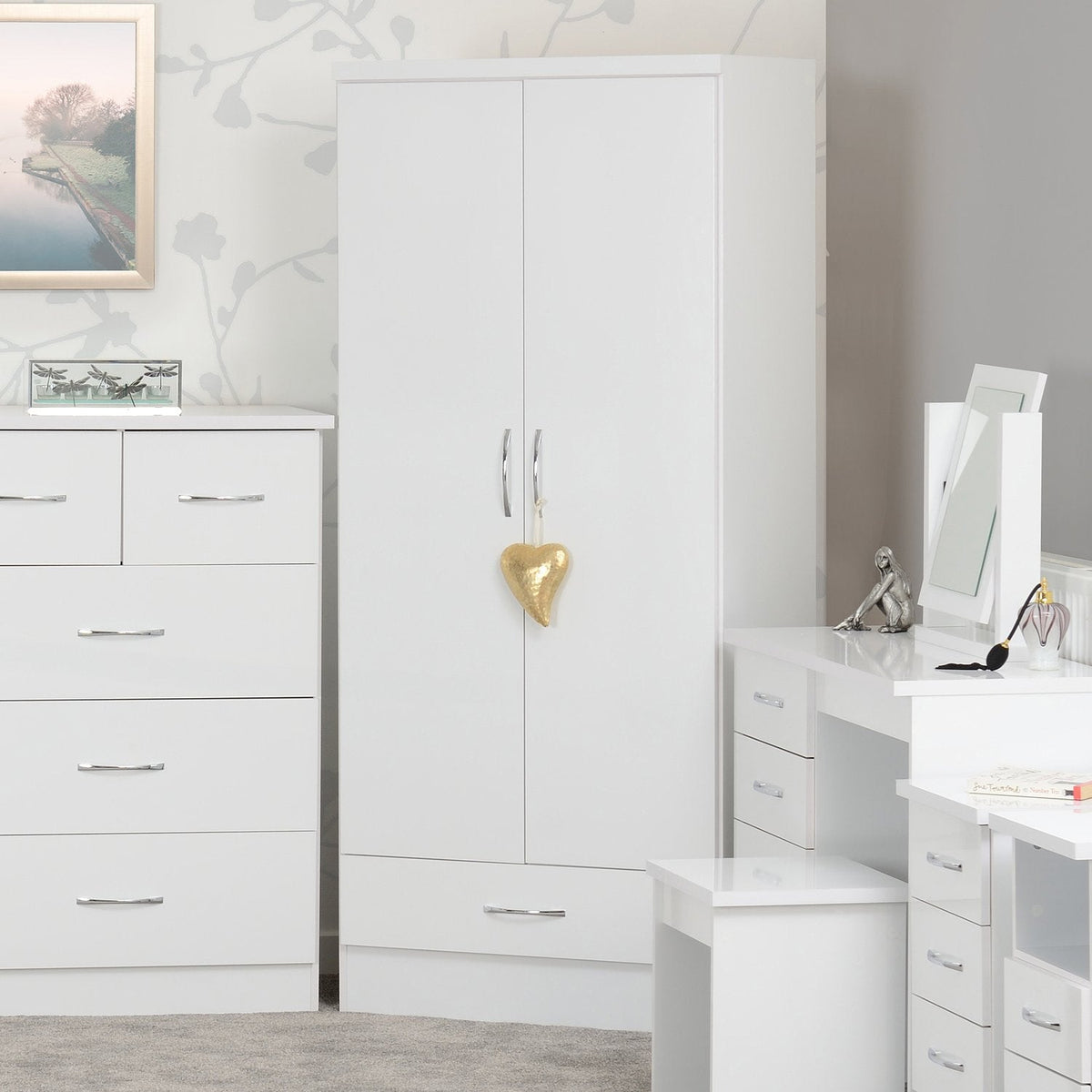 Nevada 2 Door 1 Drawer Wardrobe - White Gloss