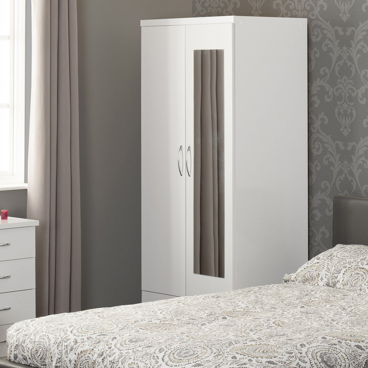 Nevada Mirrored 2 Door 1 Drawer Wardrobe - White Gloss