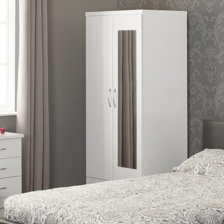 Nevada Mirrored 2 Door 1 Drawer Wardrobe - White Gloss