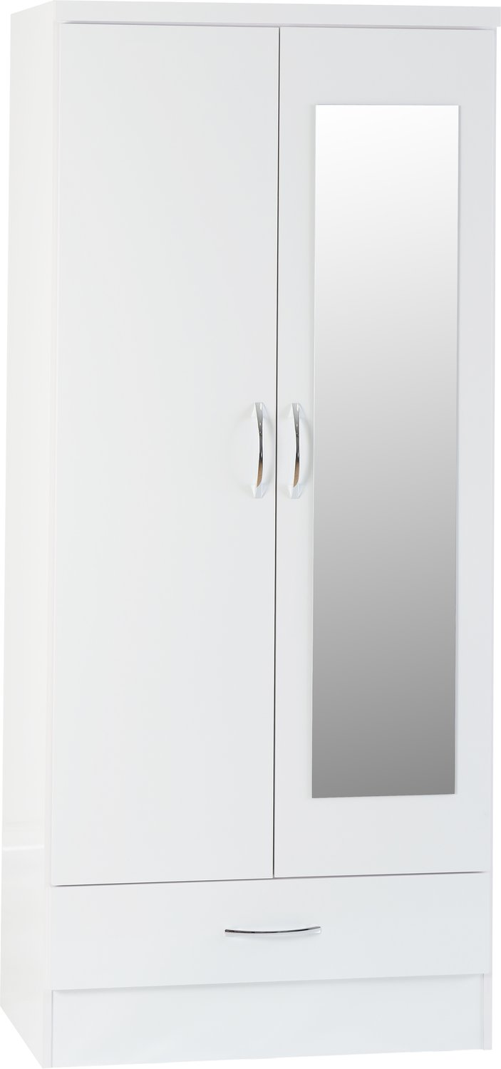 Nevada Mirrored 2 Door 1 Drawer Wardrobe - White Gloss