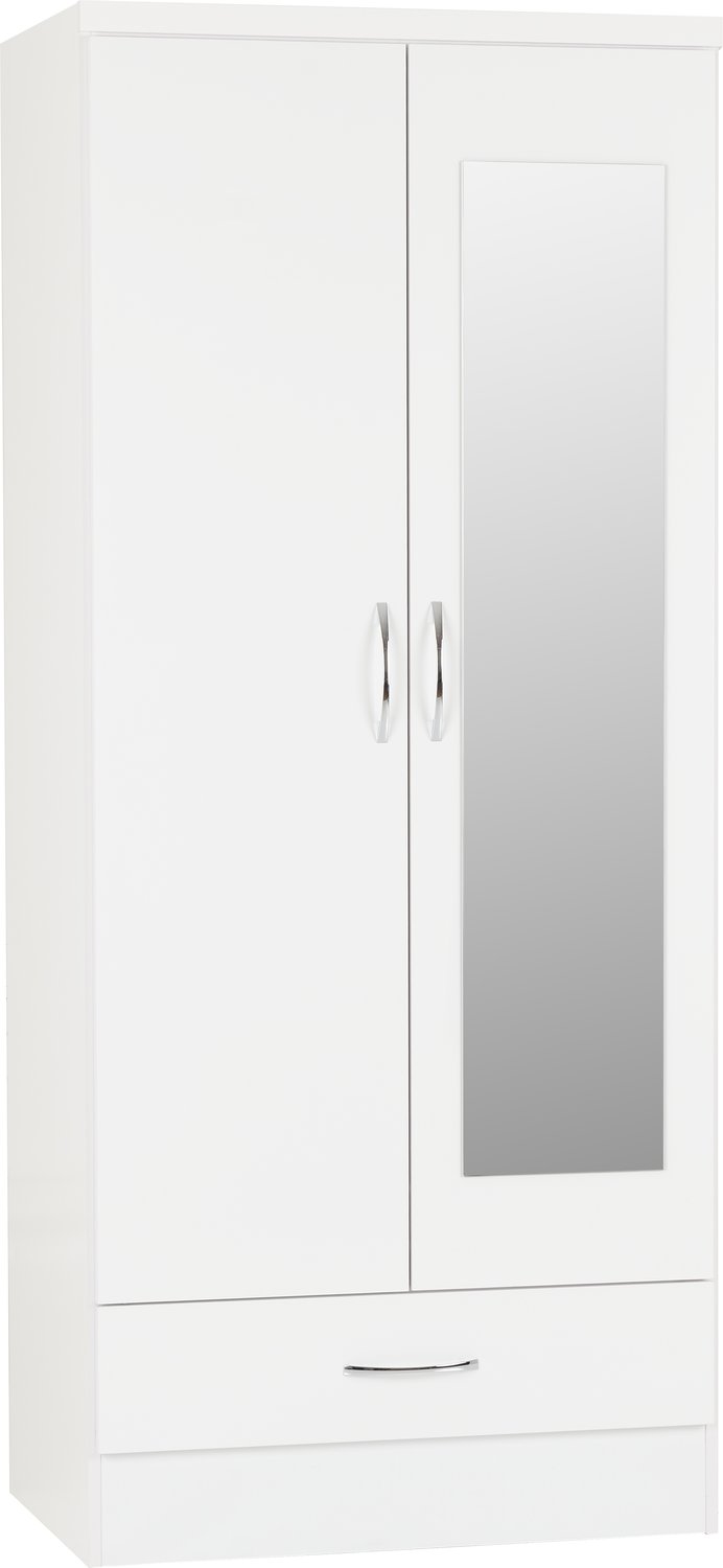 Nevada Mirrored 2 Door 1 Drawer Wardrobe - White Gloss