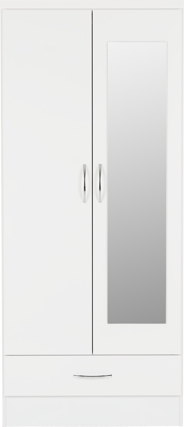 Nevada Mirrored 2 Door 1 Drawer Wardrobe - White Gloss