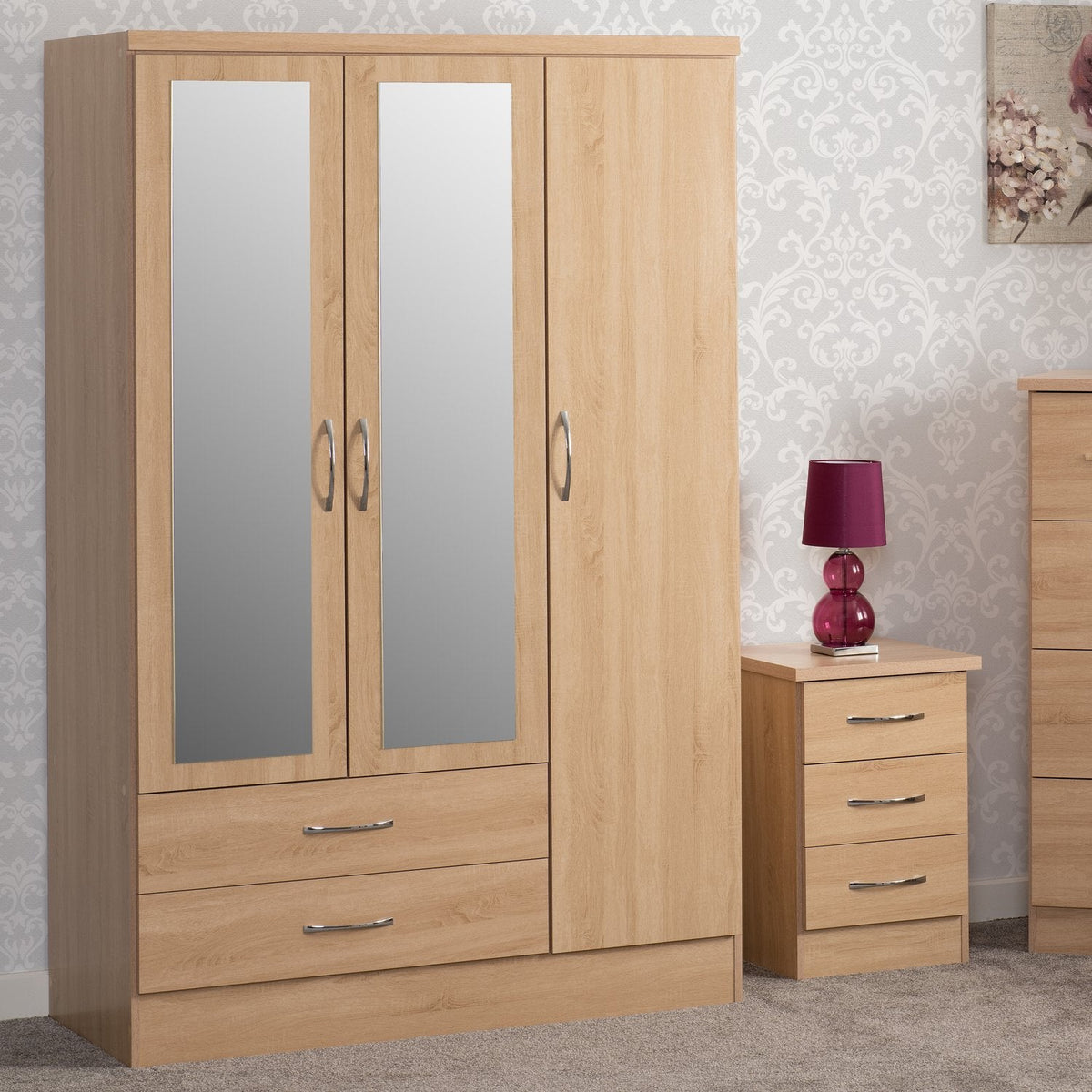Nevada 3 Door 2 Drawer Mirrored Wardrobe - Sonoma Oak Effect