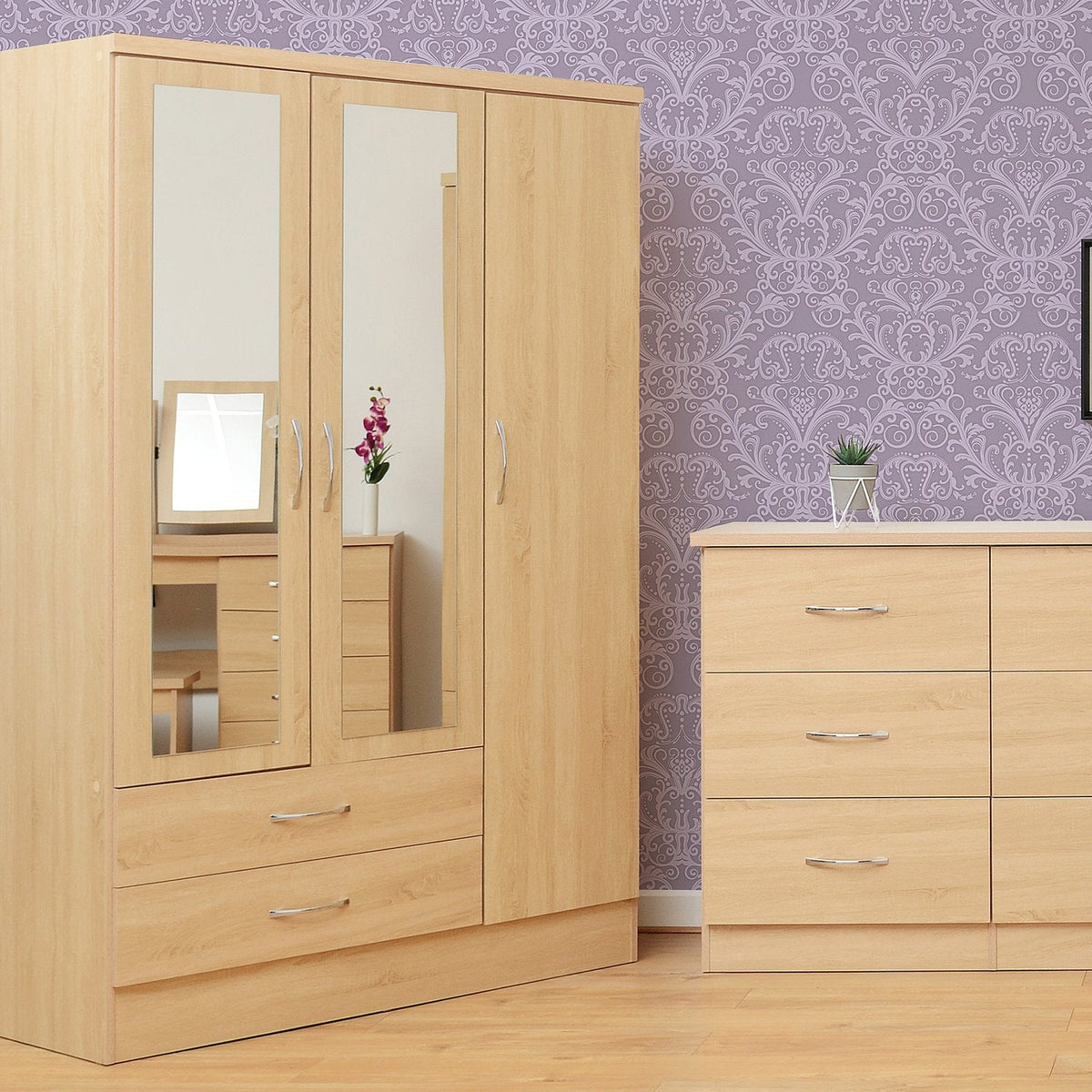 Nevada 4 Door 2 Drawer Mirrored Wardrobe - Sonoma Oak Effect