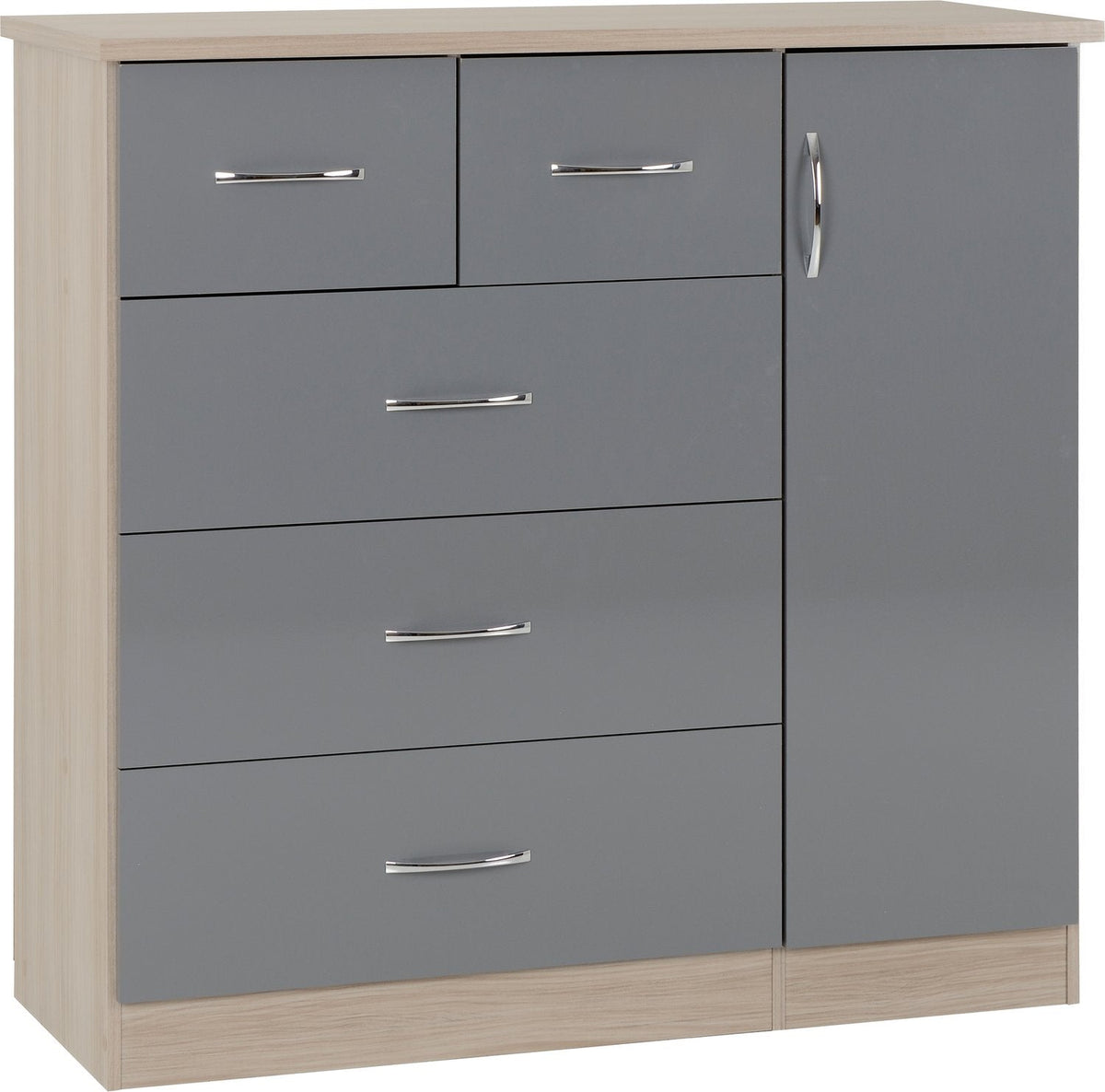 Nevada 5 Drawer Low Wardrobe - Grey Gloss/Light Oak Effect Veneer
