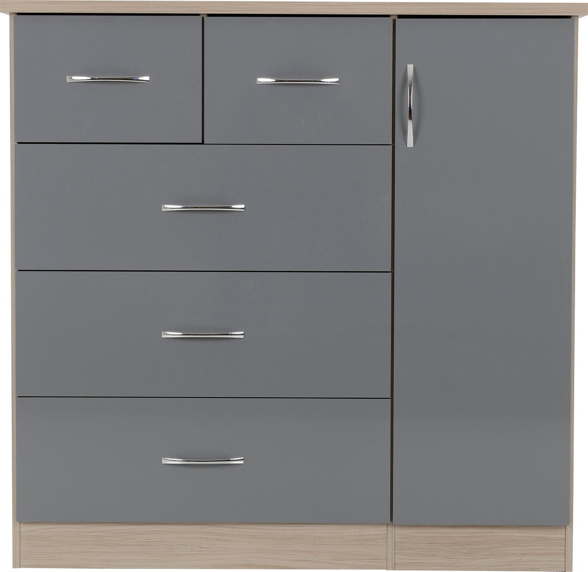 Nevada 5 Drawer Low Wardrobe - Grey Gloss/Light Oak Effect Veneer