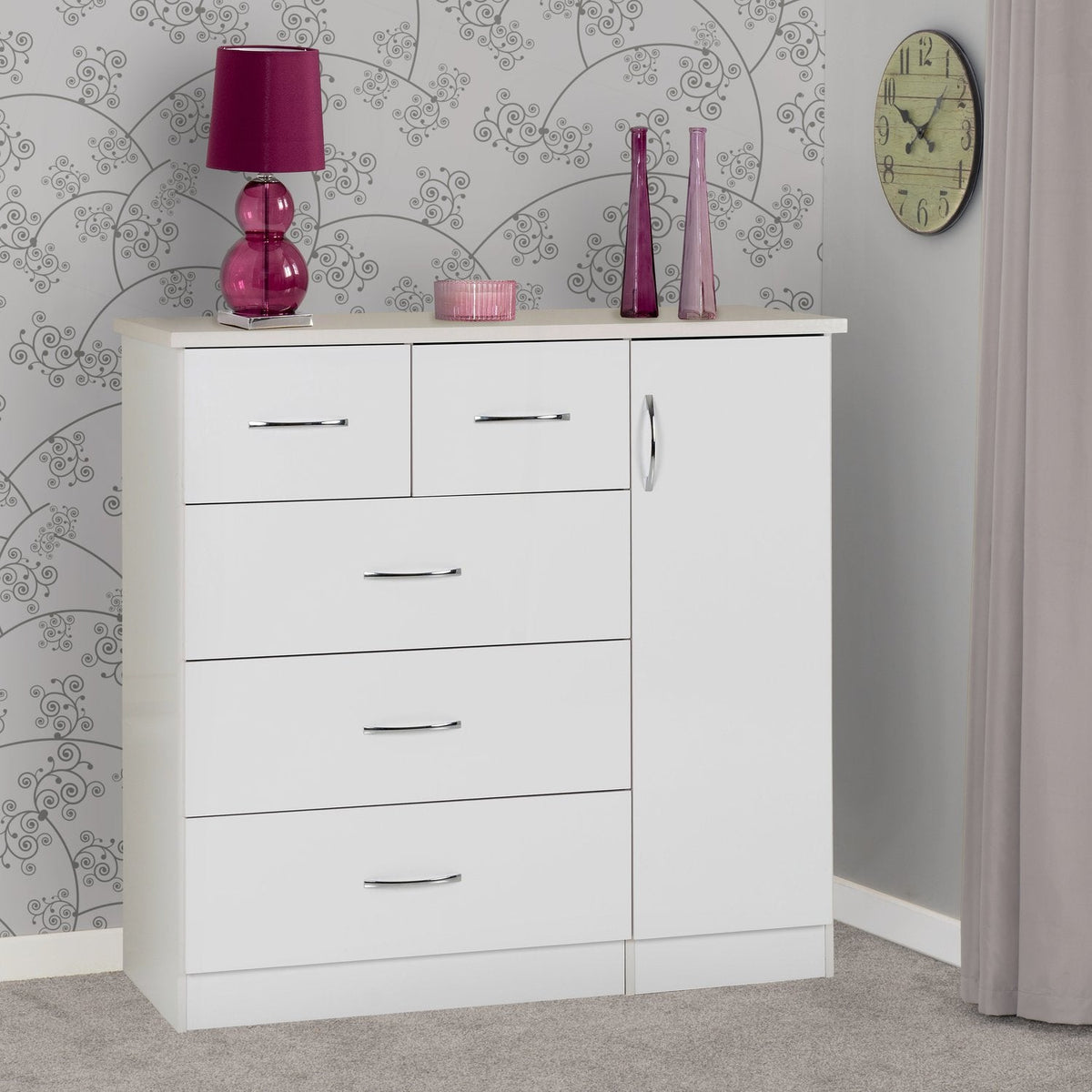 Nevada 5 Drawer Low Wardrobe - White Gloss
