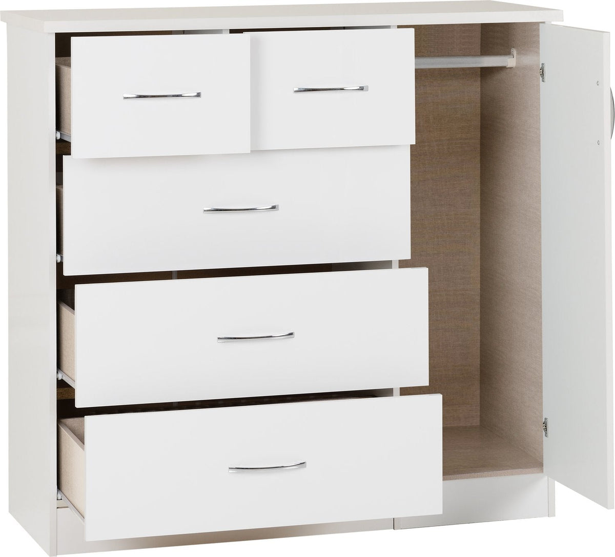 Nevada 5 Drawer Low Wardrobe - White Gloss