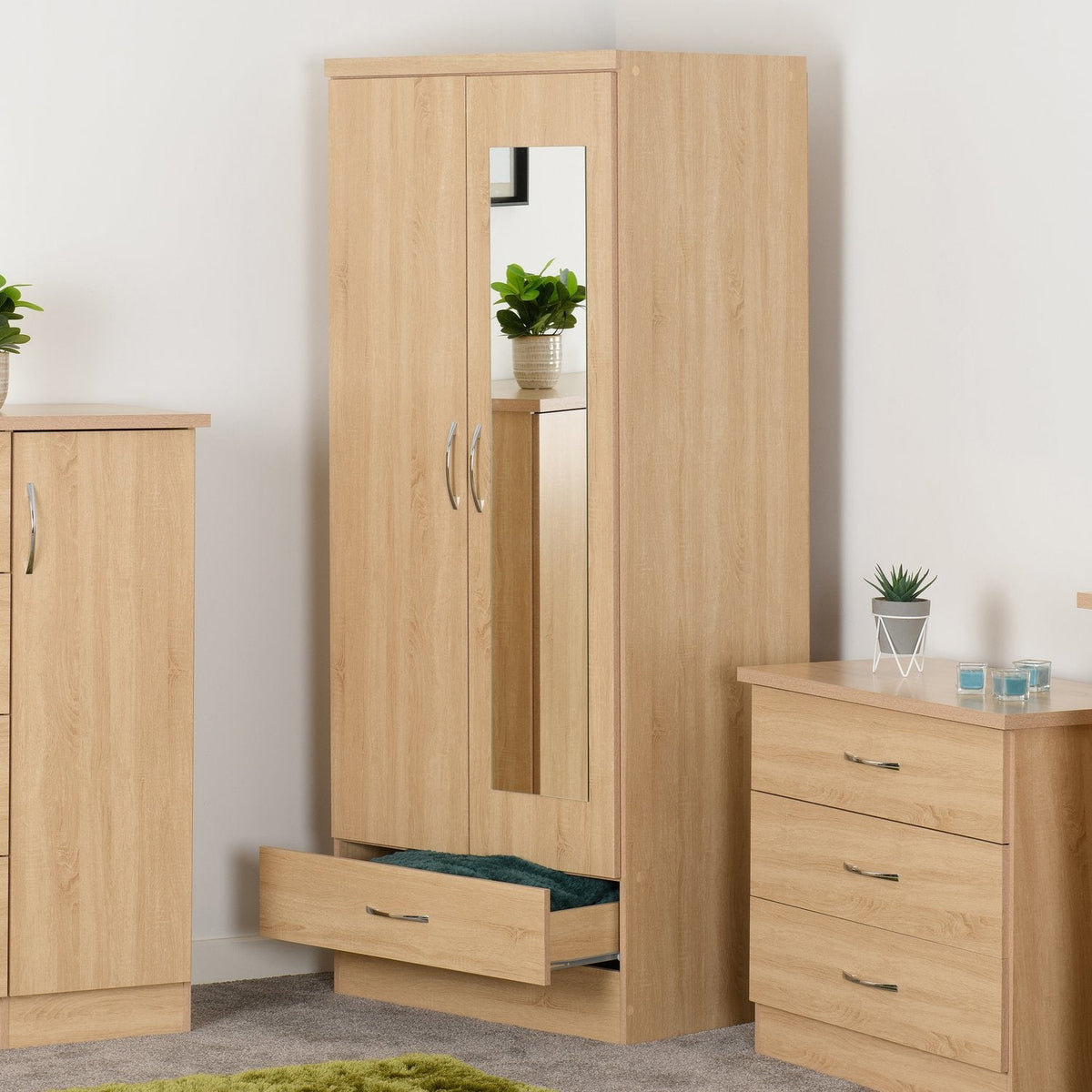 Nevada Mirrored 2 Door 1 Drawer Wardrobe - Sonoma Oak Effect