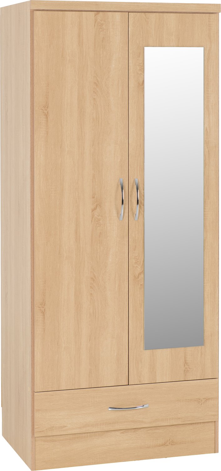 Nevada Mirrored 2 Door 1 Drawer Wardrobe - Sonoma Oak Effect