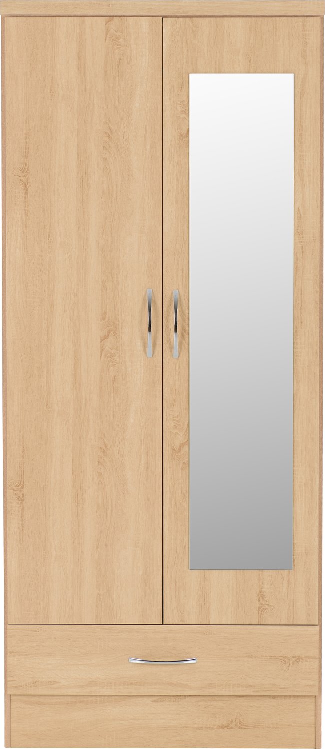 Nevada Mirrored 2 Door 1 Drawer Wardrobe - Sonoma Oak Effect